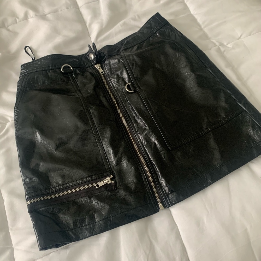 Biker style mini patent leather skirt